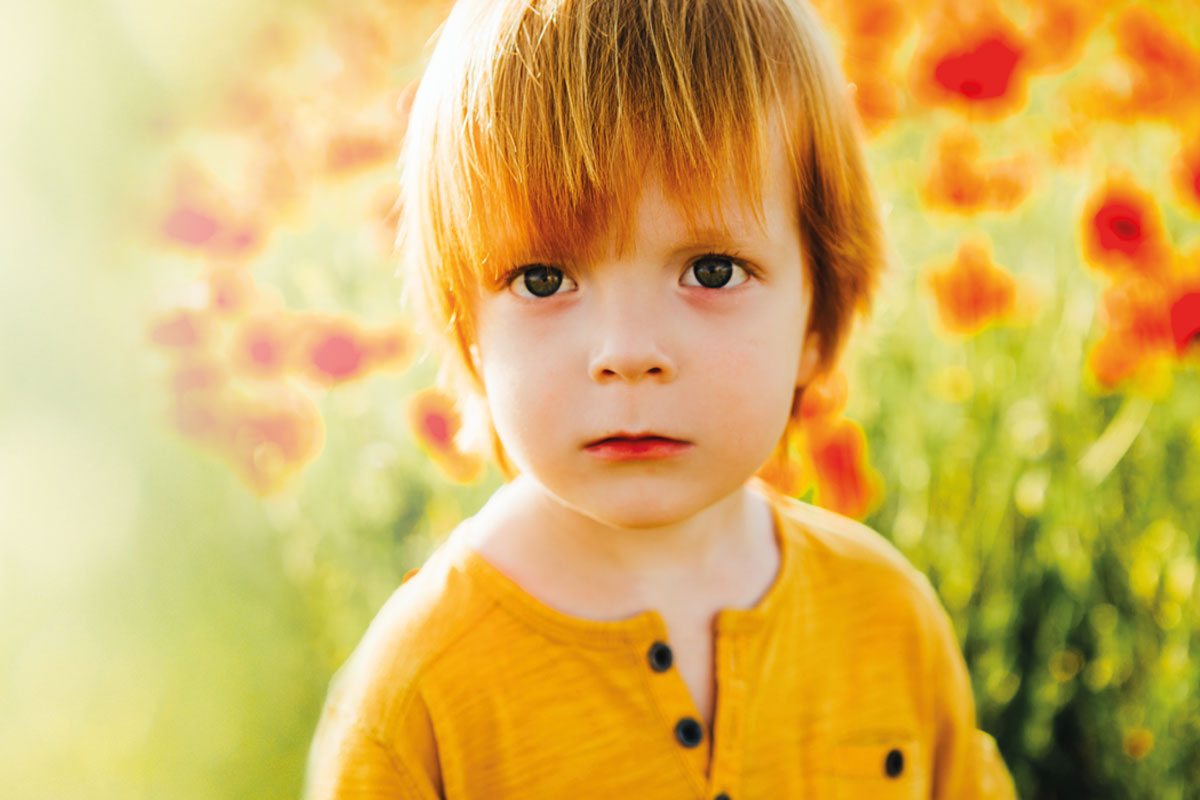 Kind steht auf Blumenwiese